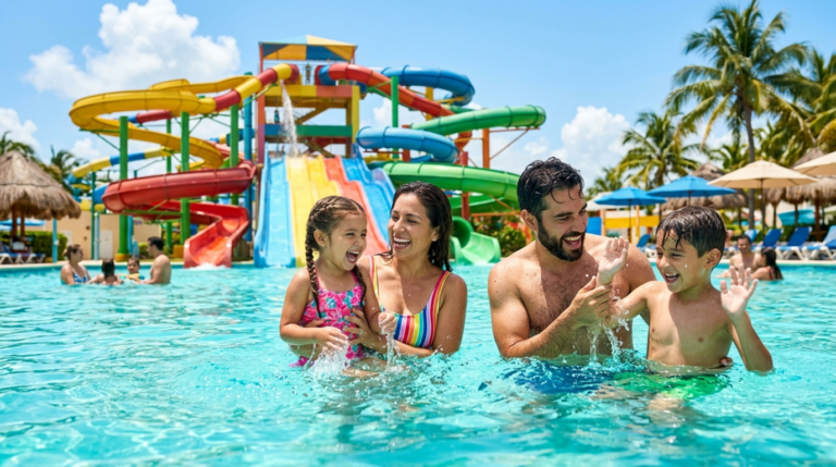 Familia disfrutando un día en un parque acuático con toboganes de colores
